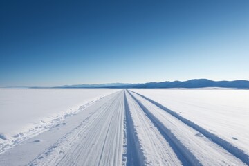 Obraz premium arafed view of a snow covered road with a mountain in the distance