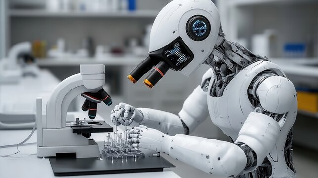 A robotic figure examines samples under a microscope in a laboratory, showcasing advanced technology in scientific research.