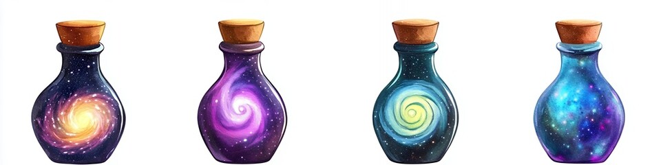 Colorful Potion Bottles with Galaxy Patterns and Cork Stoppers in a Mystical Setting