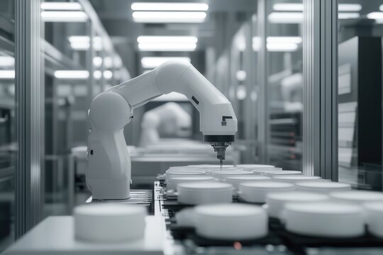 A production line utilizing AI and machine learning to optimize sustainable manufacturing processes.