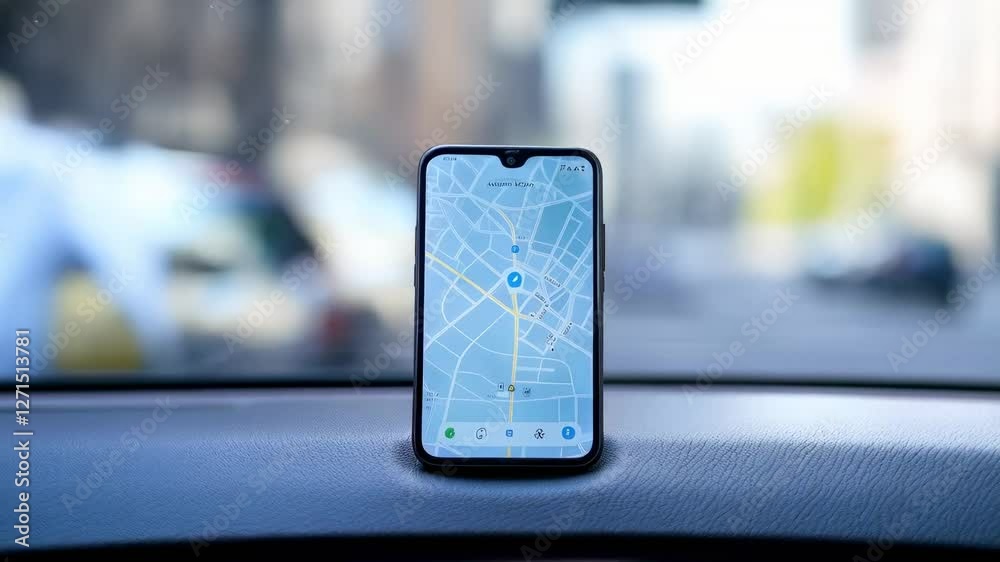 Poster Navigation app running on a smartphone mounted on car dashboard showing slow motion traffic, providing real time location and directions for seamless travel