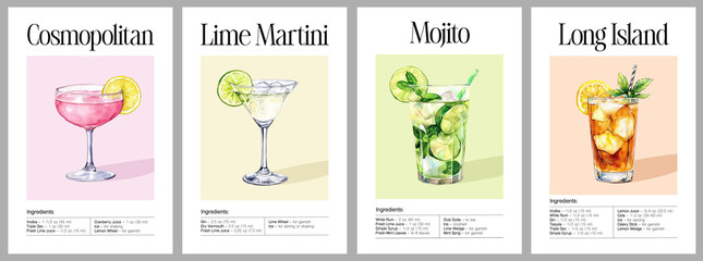 Cosmopolitan, Lime Martini, Mojito, Long Island cocktails with garnish. Watercolor poster illustration with recipe	
