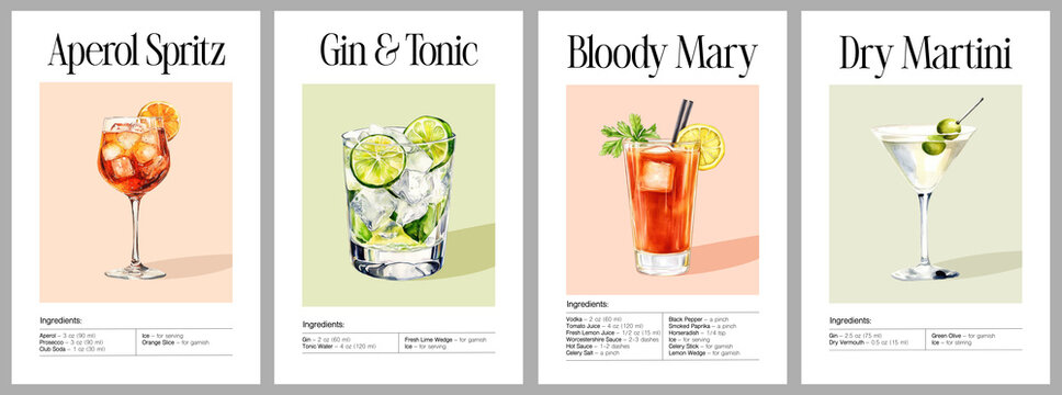 Gin Tonic, Aperol Spritz, Bloody Mary, Dry Martini cocktails with garnish. Watercolor poster illustration with recipe	
