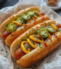Gourmet Hot Dogs with Mustard  Ketchup  Pickles Crispy Onions  and Fresh Herbs Served on a Soft Bun with Classic Condiments 