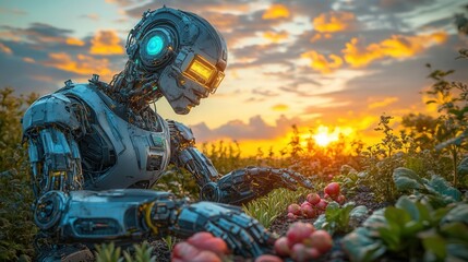 A futuristic robot harvests vegetables under a vibrant sunset, blending technology with nature in a serene landscape.