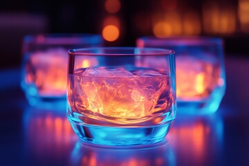 Whiskey glasses with ice cubes illuminated by vibrant neon lights in a nightclub setting