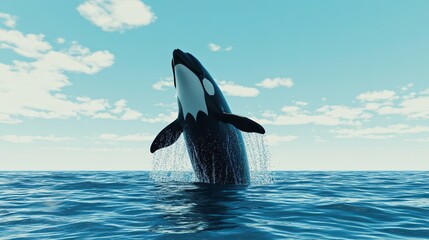Fototapeta premium Killer Whale Leaping Joyfully Breaching Ocean Surface with Water Droplets in Close-Up Under Blue Sky