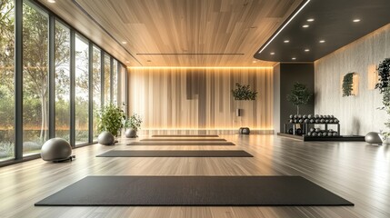 Fototapeta premium Serene Yoga Studio Interior with Natural Light and Modern Design