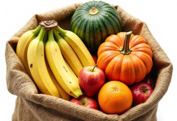 Harvest Bounty in Burlap Sack: Pumpkins, Apples, Bananas