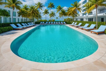there is a pool with lounge chairs and palm trees in the background