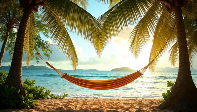 Tropical Beach Hammock at Sunset with Peaceful Scene - Powered by Adobe