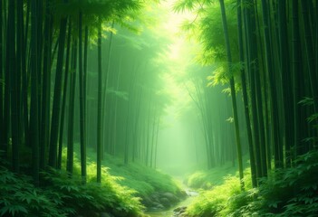 Fototapeta premium Lush Green Bamboo Forest with Stream and Sunlight