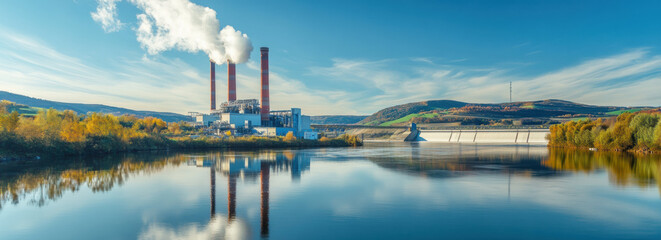 Obraz premium low emission power plant with tall chimneys near serene hydropower dam surrounded by lush greenery and calm reflective lake