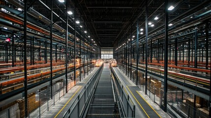 Fototapeta premium Modern Warehouse Interior with Shelving, Aisles, and Goods Storage