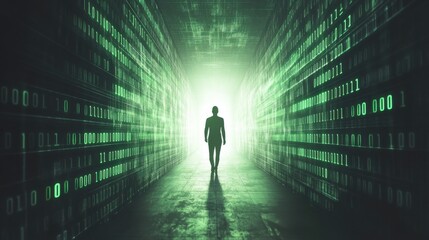 Silhouette in Fading Binary Code Glow