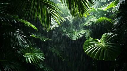 Rainfall in Lush Green Tropical Jungle with Vibrant Leaves