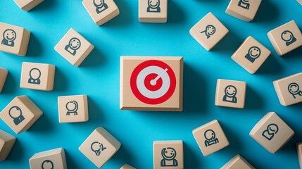Naklejka premium Market Segmentation : Identifying the Right Customer. A central cube with a target symbol highlights effective customer segmentation, emphasizing personalized marketing strategies
