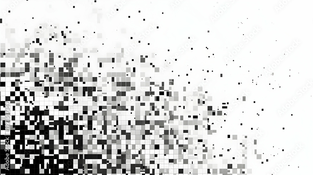 Poster abstract monochrome pixelated background with gradient effect and scattered elements