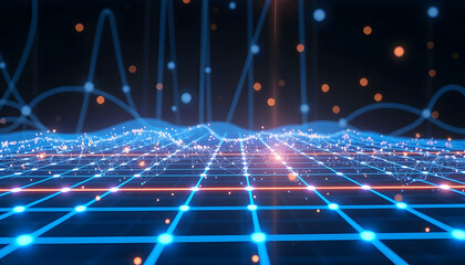 Obraz premium Digital grid with rising and falling blue lines connected by points of light, resembling data visualization or technology graphic