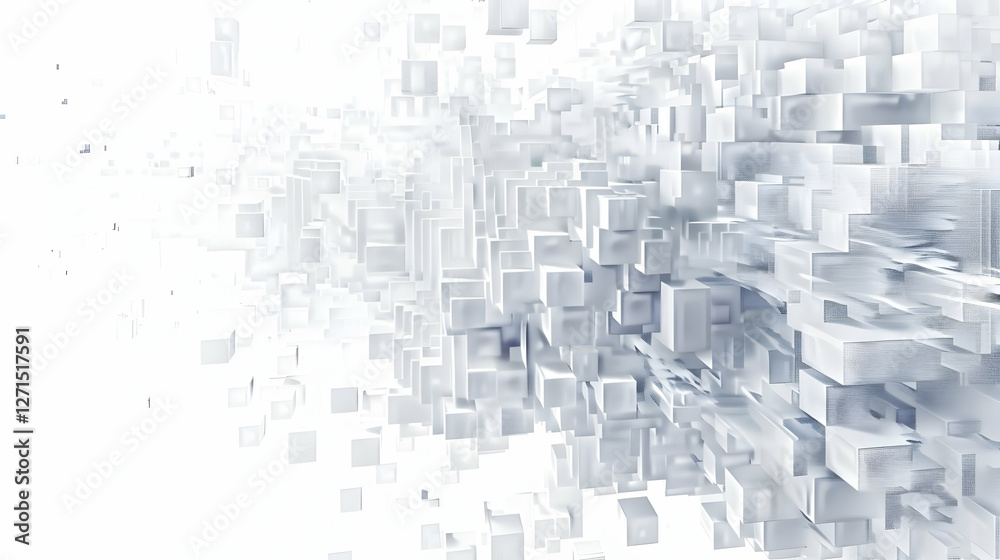 Poster abstract representation of dynamic cube structures in a white space, symbolizing technology and inno