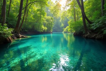 Crystal-Clear River Winding Through Lush Green Forest