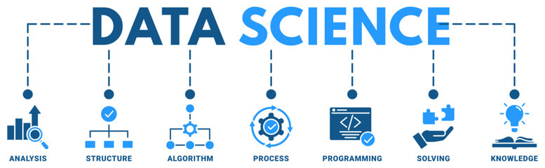 Banner of data science web vector illustration concept with icons of analysis, structure, algorithm, process, programming, solving, knowledge 