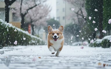 Happy corgi dog running in snow with pink blossoms around.