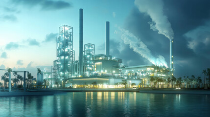 Obraz premium futuristic low emission power plant with sleek design, surrounded by palm trees and reflecting on calm water under cloudy sky