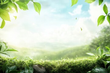 Fototapeta premium Lush greenery frames a serene landscape with soft sunlight, creating a peaceful natural scene