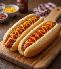 Gourmet Hot Dogs with Mustard  Ketchup  Pickles Crispy Onions  and Fresh Herbs Served on a Soft Bun with Classic Condiments 