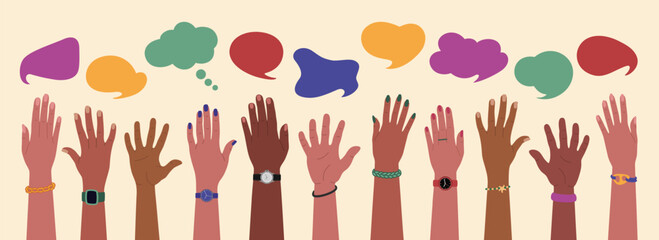 Many diverse multiracial hands raised up and speech bubbles. Cooperation, communication, opinions exchange. Hand drawn vector vector illustration isolated on light background, flat cartoon style. © Olena