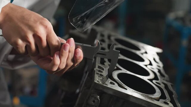 Mechanical engineer in industrial workshop measuring engine dimensions with vernier caliper, focusing on precision, hands-on inspection process, workspace filled with mechanical tools