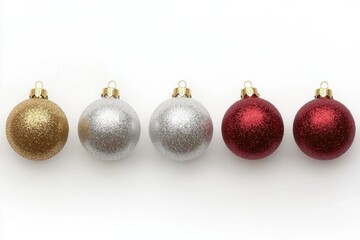 gold silver red glass Christmas balls isolated on white background.