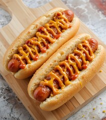 Gourmet Hot Dogs with Mustard  Ketchup  Pickles Crispy Onions  and Fresh Herbs Served on a Soft Bun with Classic Condiments 