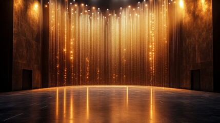 Empty music stage bathed in soft golden lights, clean black stage flooring with simple geometric design, no instruments