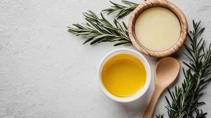Wood spoon, olive oil, white background, fresh herbs, kitchen essentials.