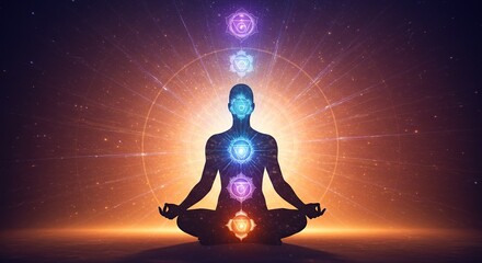 Meditating Silhouette with Chakras Aligned for Spiritual Wellness and Healing