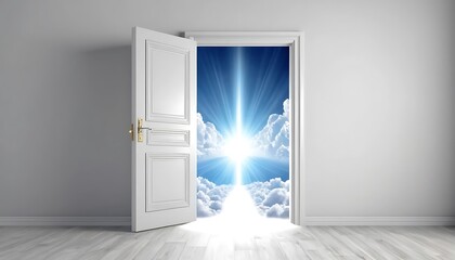 Open door revealing bright sky and clouds, a portal to opportunity