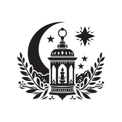 lantern Ramadan Silhouette Vector Illustration, Solid White Background.