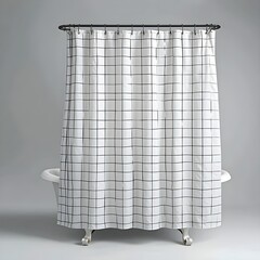 A white, grid-patterned shower curtain on a white background. Generative AI
