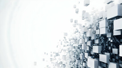 Abstract representation of dynamic cubes dispersing into a bright space, suggesting technology