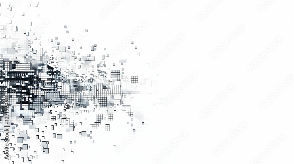 Poster abstract digital art depicting a fragmented landscape with floating squares and a light background