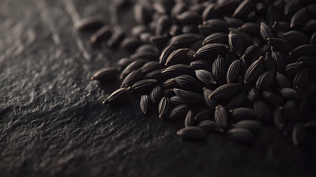 Close-up of black cumin seeds on a dark surface, showcasing their deep black color and unique texture.