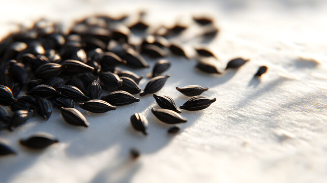 Close-up of black cumin seeds on a smooth white surface, showing their dark color and distinct texture.