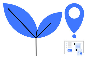 Large leaves, a location pin icon, and a digital payment form on a screen. Ideal for sustainable business, growth, digital payments, location-based services, online transactions, eco-commerce