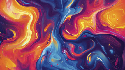 Obraz premium Vibrant swirling colors create mesmerizing psychedelic fluid background, showcasing blend of orange, blue, and purple hues that evoke sense of energy and movement