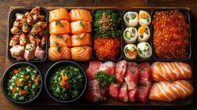 Assorted sushi and sashimi platter with salmon, tuna, and caviar.