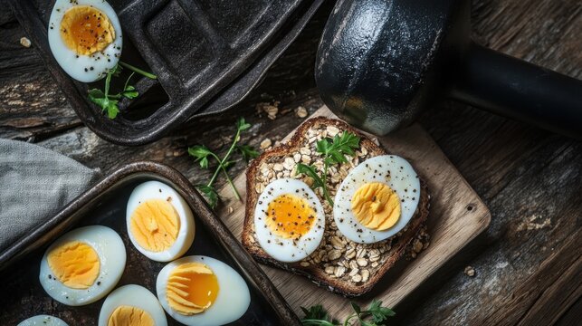 Healthy breakfast featuring hard boiled eggs and oat toast