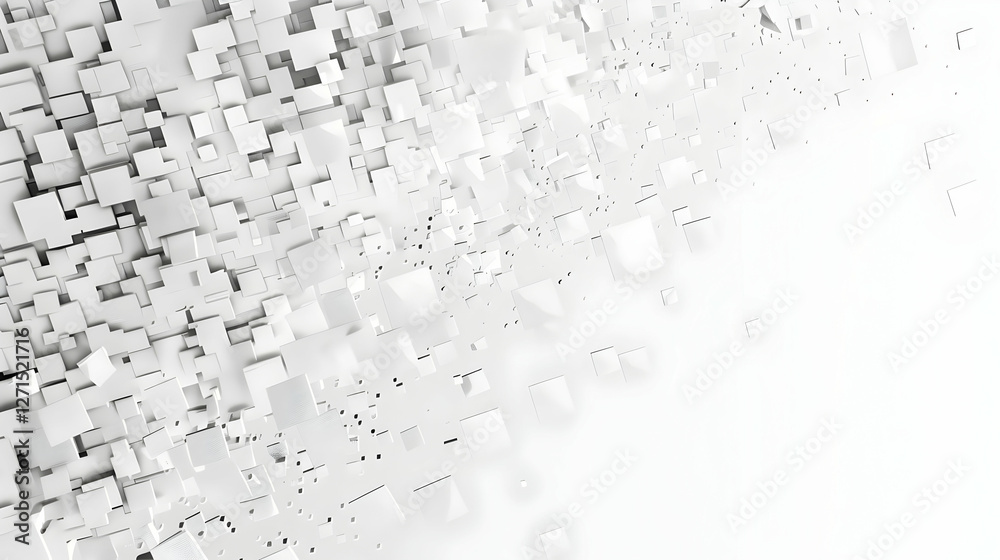 Poster Abstract composition of floating white cubes creating a dynamic visual effect on a light background