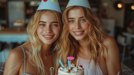 Happy birthday. Photo of a mother and daughter wearing birthday hats celebrating the woman's birthday at home, while one holds out cake with a present behind her back,